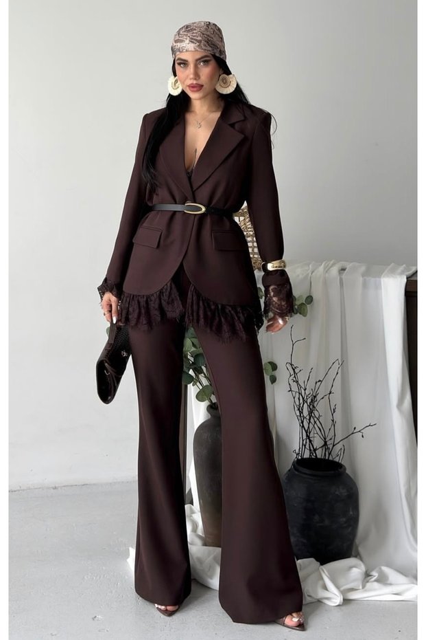 Women's Sleeves Lace Detailed Jacket Trousers Suit Brown