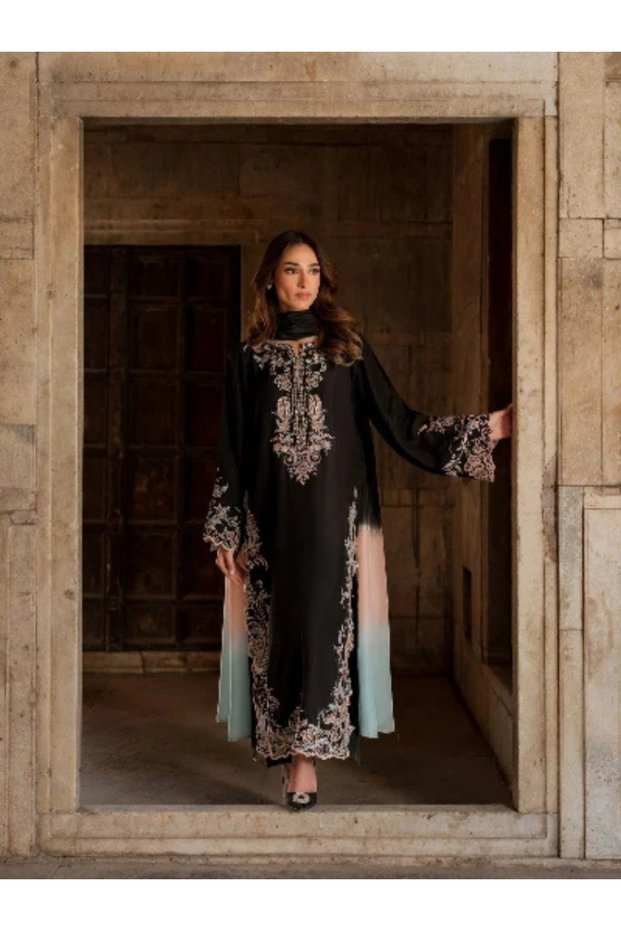 Black Satin Rayon Embroidered Long Kaftan Suit with Pastel Dupatta - HRT101491 | Black-Size:L-40-Inches
