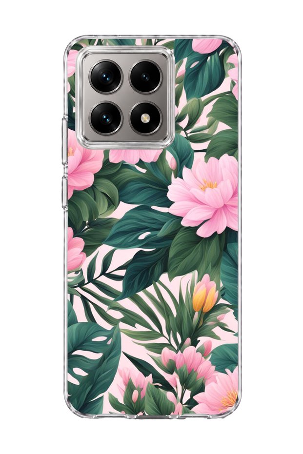 Mi 14t Compatible Pink Flower Green Leaf Printed Transparent Phone Case