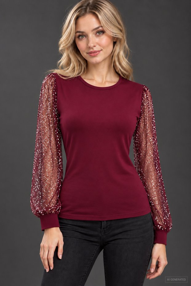 Sparkling Sleeves - Women's Crew Neck Viscose Blouse with Tulle Sleeve Detail