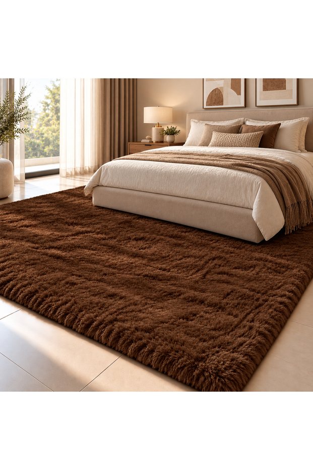 Premium Soft Shaggy Fur Rug – Plush Fluffy Carpet for Living Room & Bedroom, Modern Solid Colour, Brown