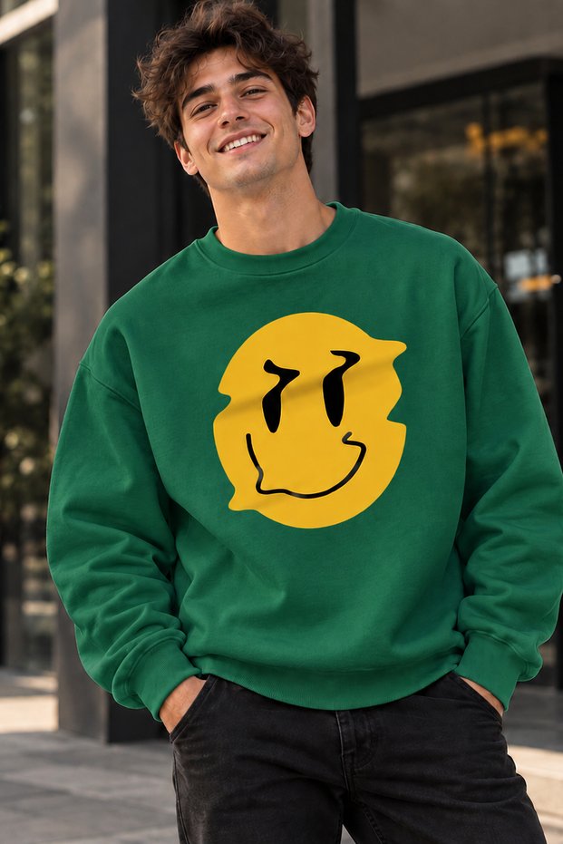 Yellow Smiley Face Smile Printed Unisex Oversize Sweatshirt – Crew Neck Casual Sweatshirt