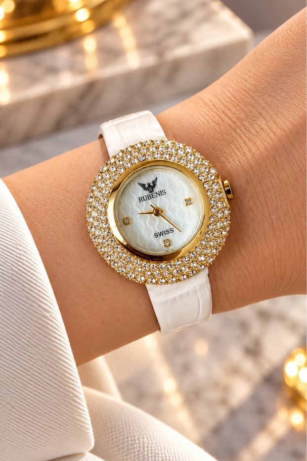 Swiss Women's Wristwatch Yellow Gold Color Steel 33mm Dial with Crystal Stones White Real Leather Strap