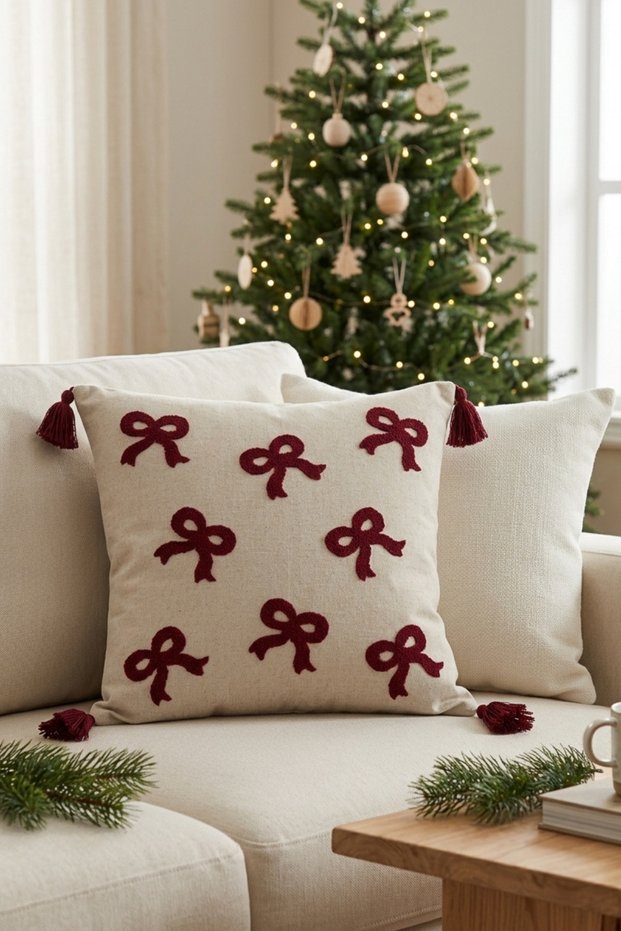 Red Bow Patterned Punch Embroidered Christmas Throw Pillow Cover Cotton 42X42 cm