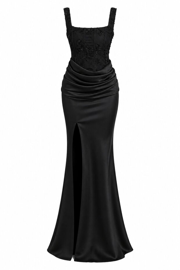 Black Embroidered Corset Detailed Slit Evening Dress - 20527