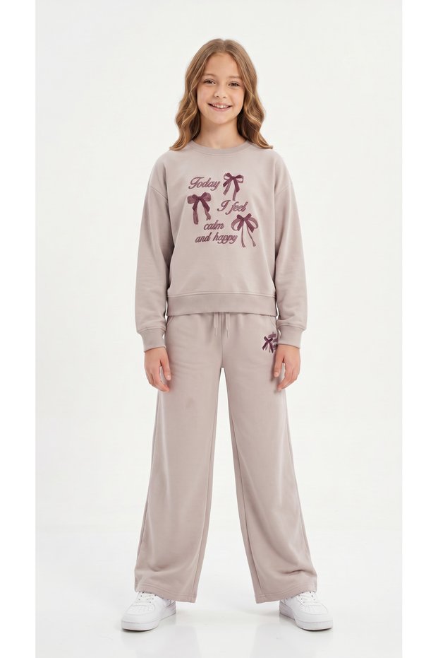 Today a Feel Calm and Happy Printed 3 Thread Fabric Girls' Top and Bottom Tracksuit Set