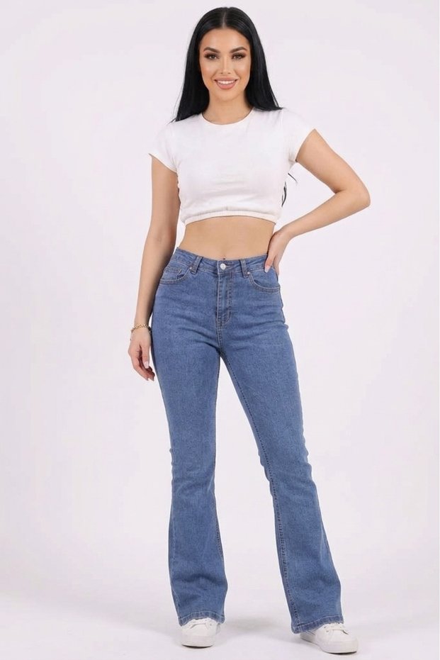 Modern Style Women's Medium Blue High Waist Spanish Flare Jeans