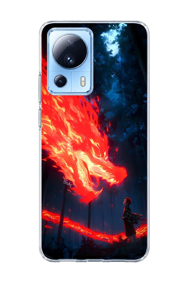 Mi 13 Lite Compatible Fire Dragon Forest Printed Transparent Phone Case