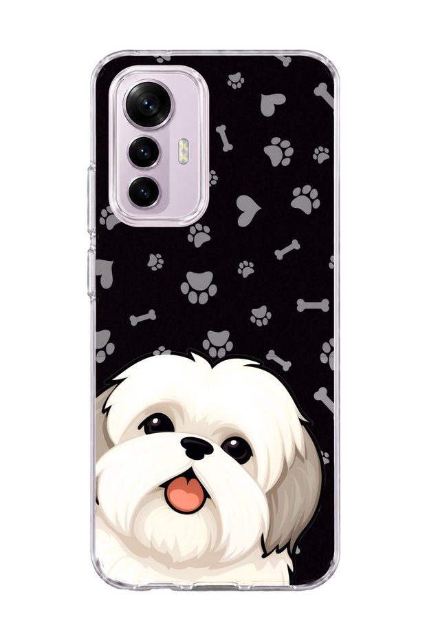 Mi 12 Lite Compatible White Dog Black Paw Printed Transparent Phone Case