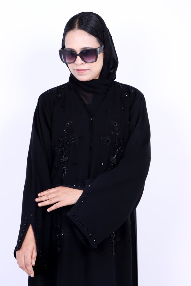 Elegant premium Nida with Black Beads Embroidery Design Abaya