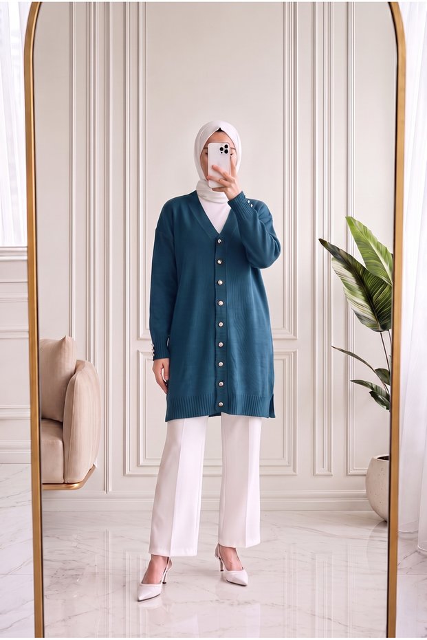 Lamira Buttoned Sleeve End and Six Ribbed Cold Rope Cardigan-Sy3176 Indigo