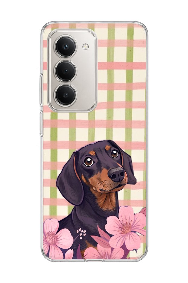 Redmi 15 Compatible Sausage Dog Pink Plaid Printed Transparent Phone Case