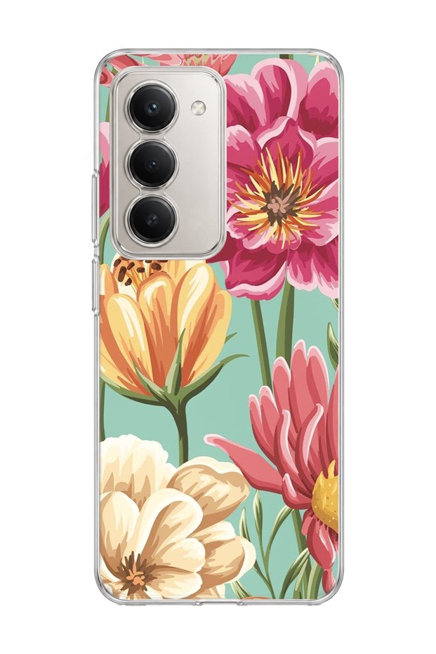Redmi 15 Compatible Large Flower Mint Green Printed Transparent Phone Case