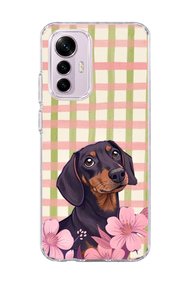Mi 12 Lite Compatible Sausage Dog Pink Plaid Printed Transparent Phone Case