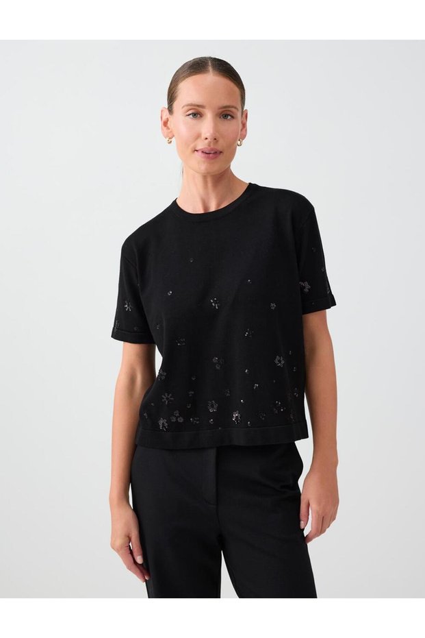Black Stone Embellished Short Sleeve Knit Sweater
