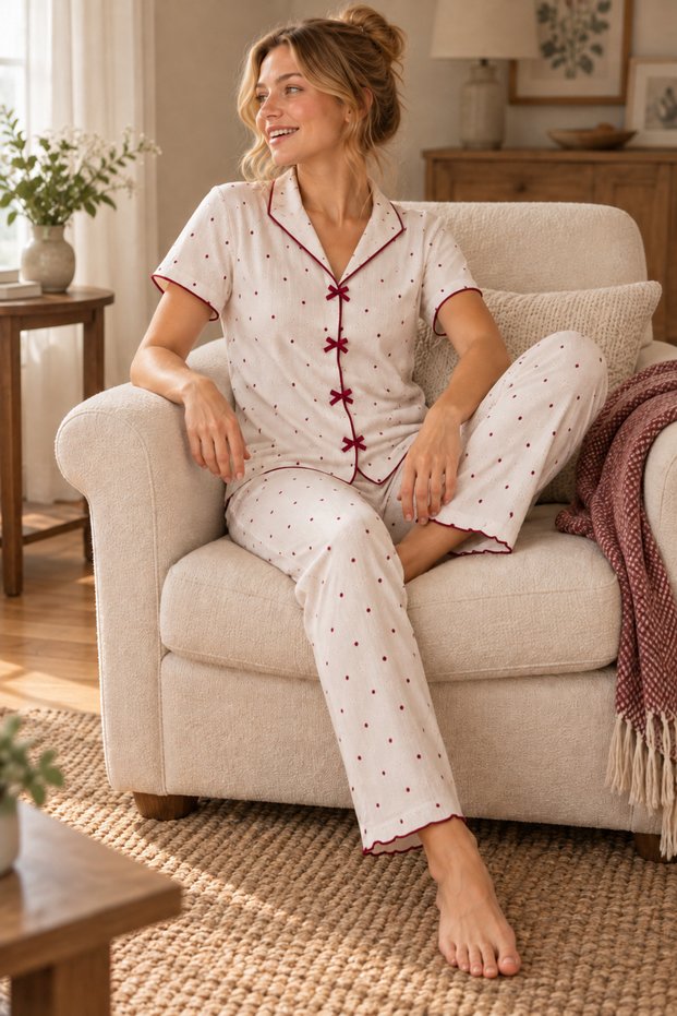 Buttonless Alaçatı Fabric Soft Short Sleeve Red Polka Dot Patterned Pajama Set Red