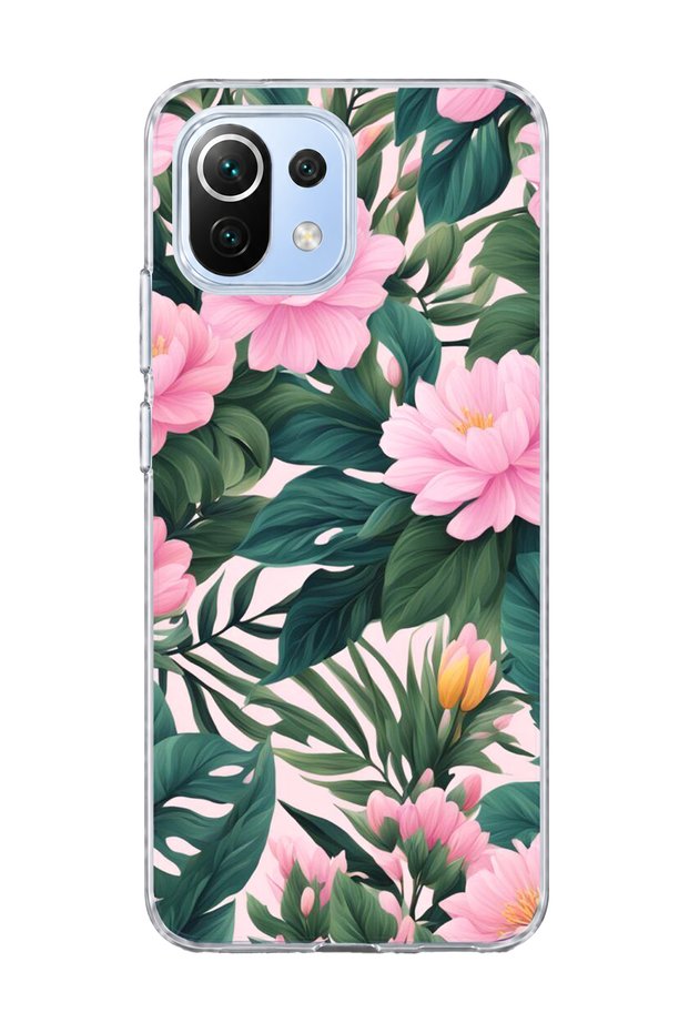 Mi 11 Lite Compatible Pink Flower Green Leaf Printed Transparent Phone Case
