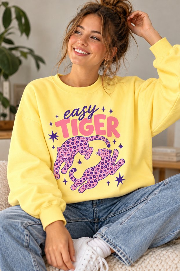 Easy Tiger Written Colorful Leopard Print Unisex Oversize Sweatshirt – Crew Neck Casual Sweatshirt