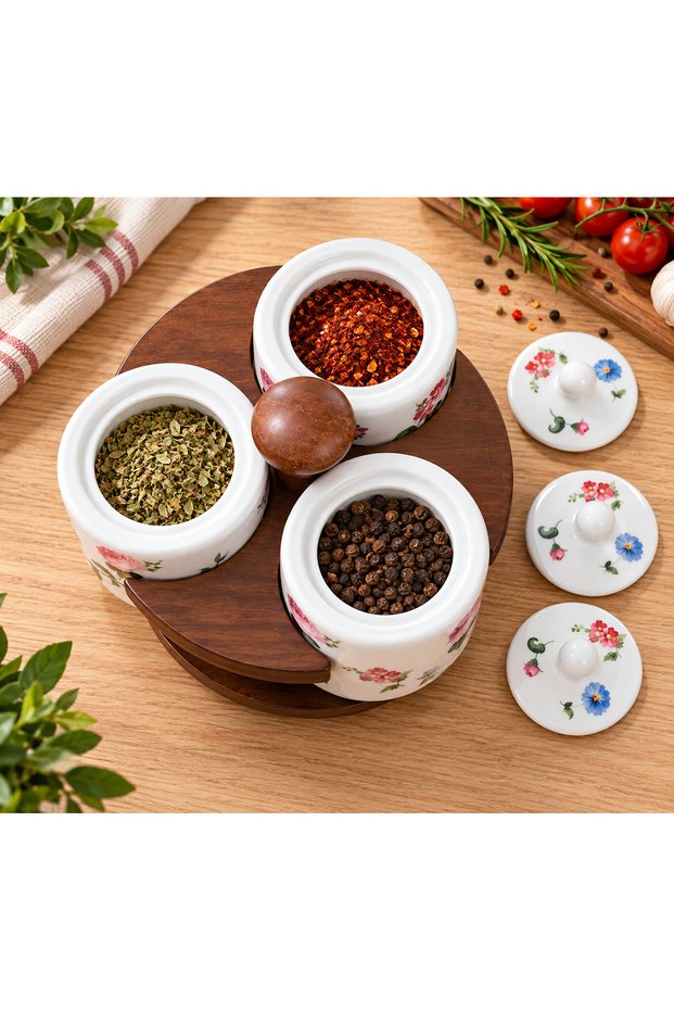 Acacia Porcelain Spice Container with Rotating Stand