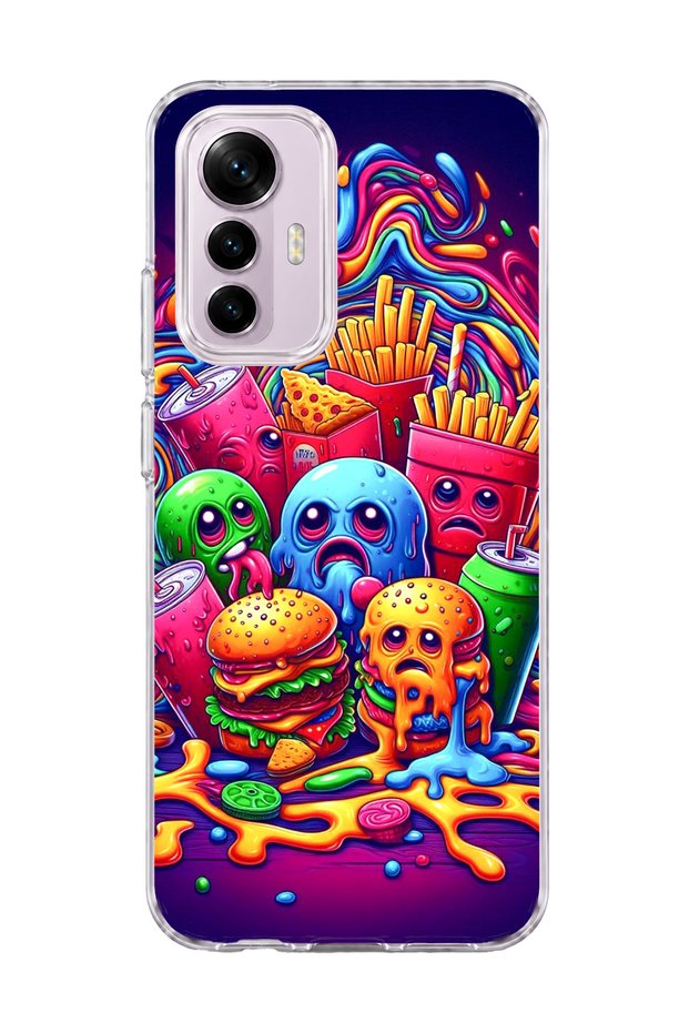 Mi 12 Lite Compatible Neon Hamburger Potato Printed Transparent Phone Case