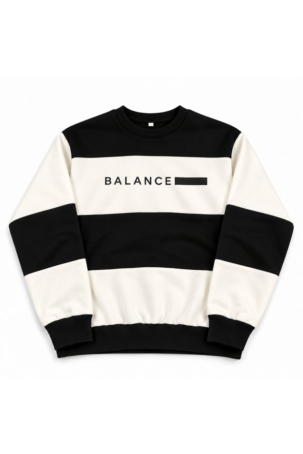 Unisex 3Yarn Black-White Segmented Balance Printed Crew Neck Sweatshirt Printed Premium Oversize T-Shirt