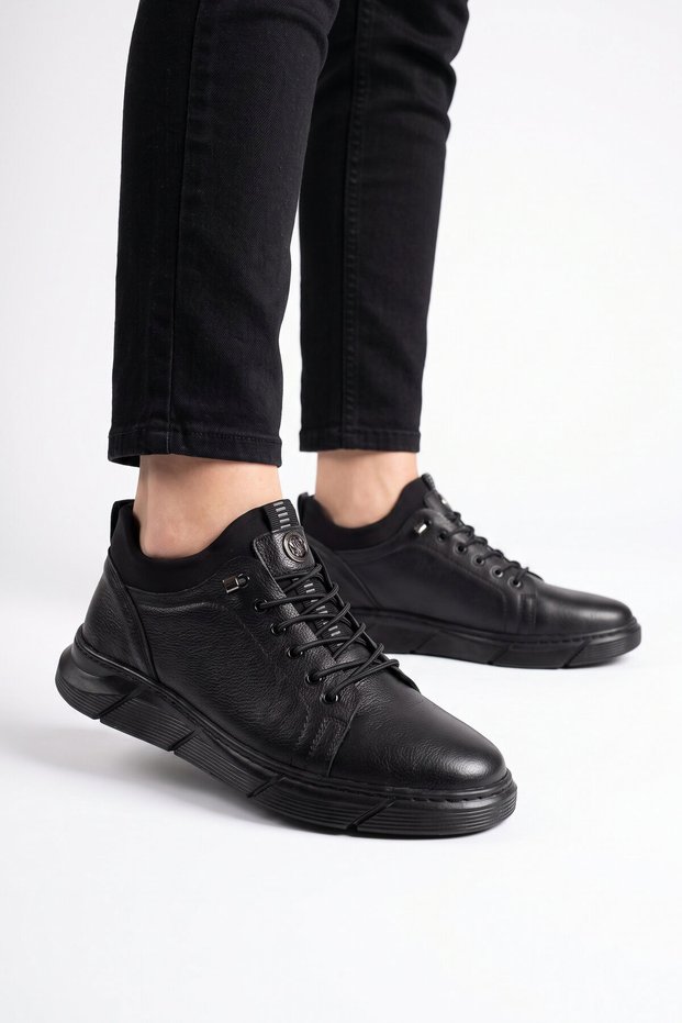 Black Genuine Leather Rubber Laced Rubber Sole Men's Casual Shoes 729
