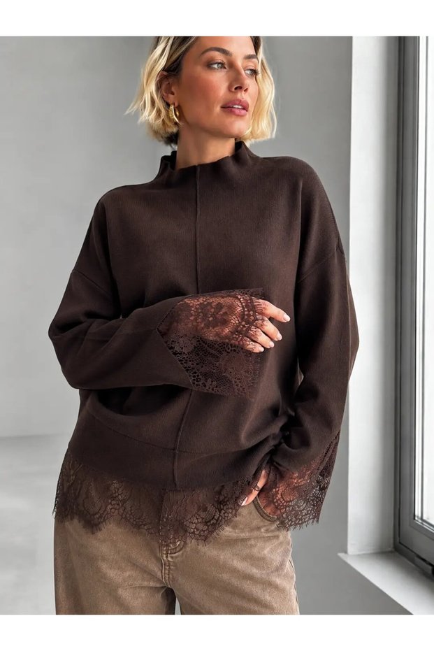 Women's Lace Detailed Half Turtleneck Premium Yarn Knitwear Sweater 12529
