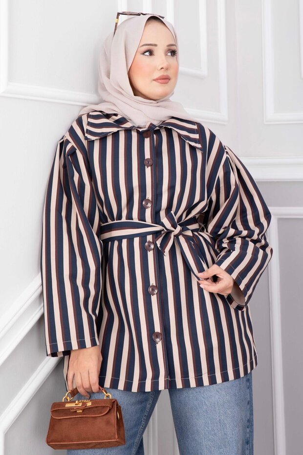 Striped Belted Short Trench Coat Navy Blue