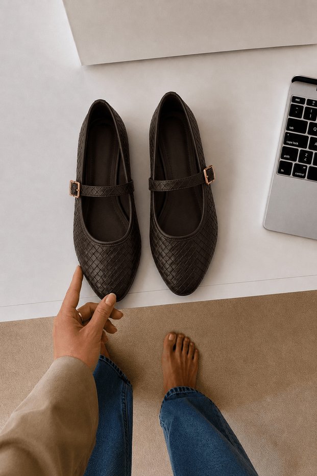 Straw Weave Pattern Single Strap Leather Ballerinas - Aly - Bitter Brown