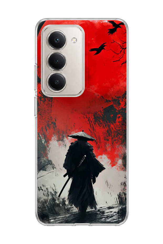 Redmi 15 Compatible Samurai Red Sun Crow Printed Transparent Phone Case