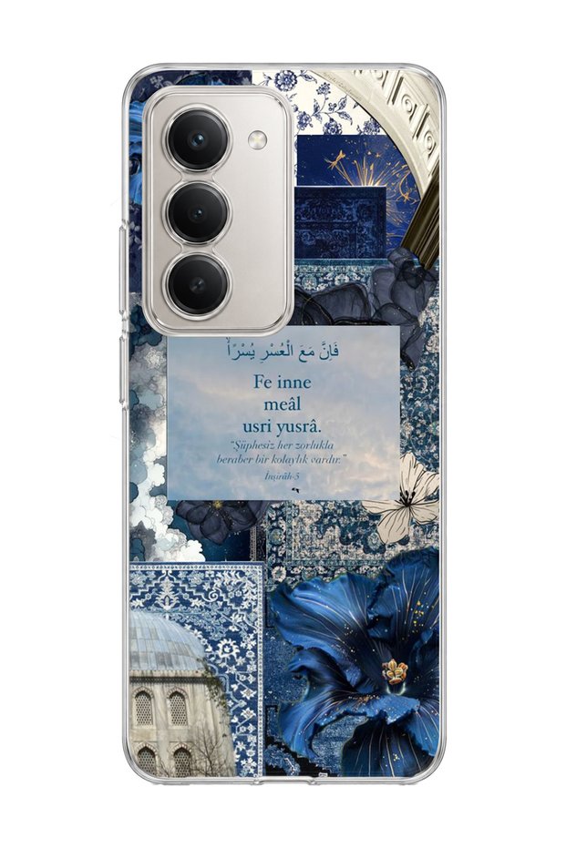 Redmi 15 Compatible Navy Blue Flower Verse Printed Transparent Phone Case