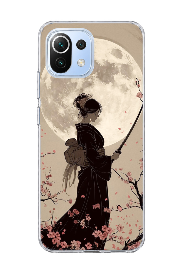 Mi 11 Lite Compatible Geisha Full Moon Printed Transparent Phone Case