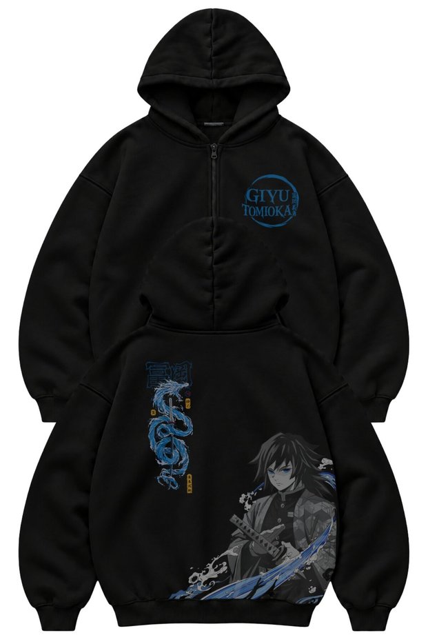 Unisex Oversize Demon Slayer Giyu Tomioka Back Printed Hooded Zipper Anime Themed Zip Hoodie