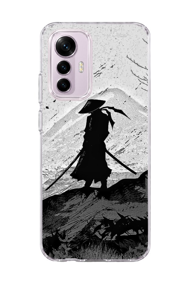 Mi 12 Lite Compatible Samurai Black and White Printed Transparent Phone Case