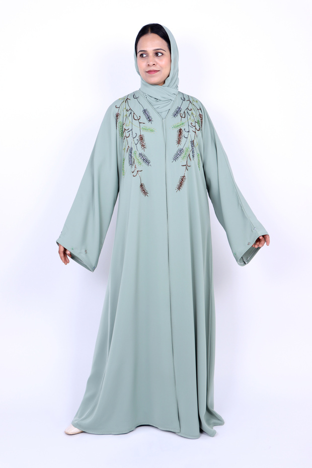 Pastel Green Hand-Beaded Wheat Embroidery Abaya Set