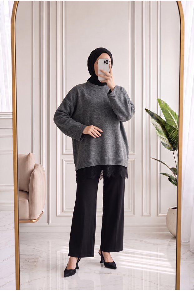 Samira Six Lace Detail Knitwear Tunic-Kr6006 Anthracite