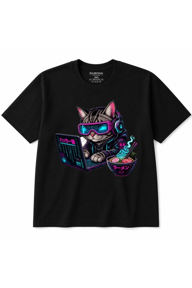 Neon Future – Cyberpunk Hacker Cat & Mechanical Koi Graphic T-Shirt