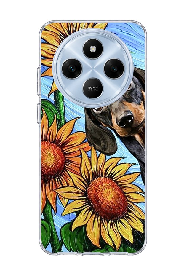 Redmi 14C Compatible Sausage Dog Sunflower Printed Transparent Phone Case