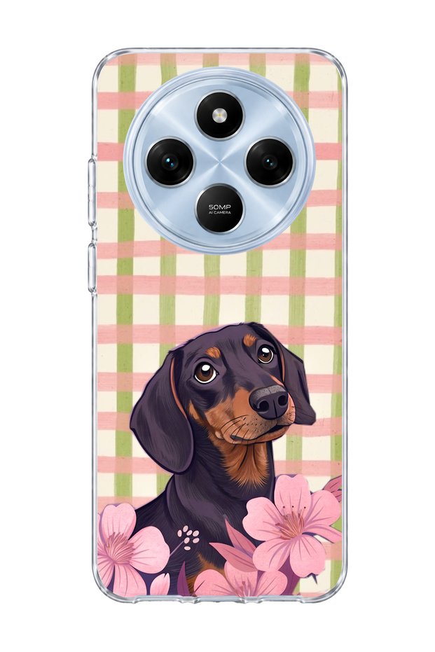 Redmi 14C Compatible Sausage Dog Pink Plaid Printed Transparent Phone Case