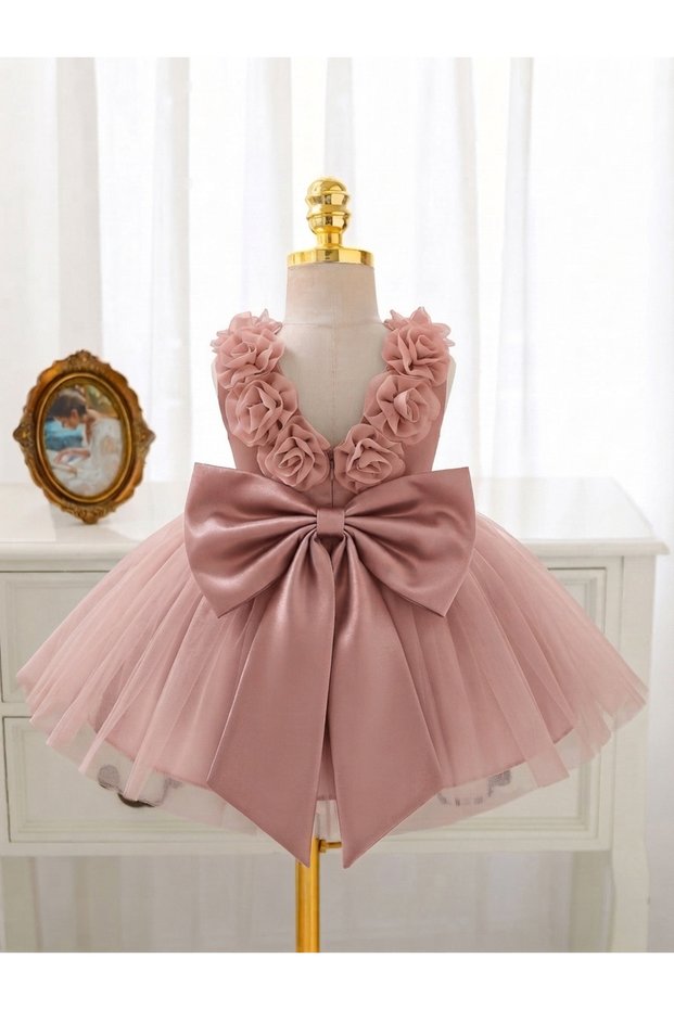 Baby Girl/Kid Princess Dress - 3D Floral Strap Tutu Dress with Big Bow on the Back - Birthday, Engagement, Special Occasion Outfit