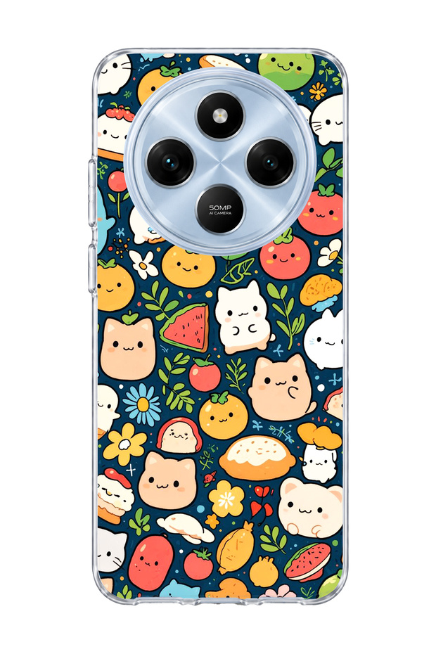 Redmi 14C Compatible Cat Fruit Navy Blue Printed Transparent Phone Case