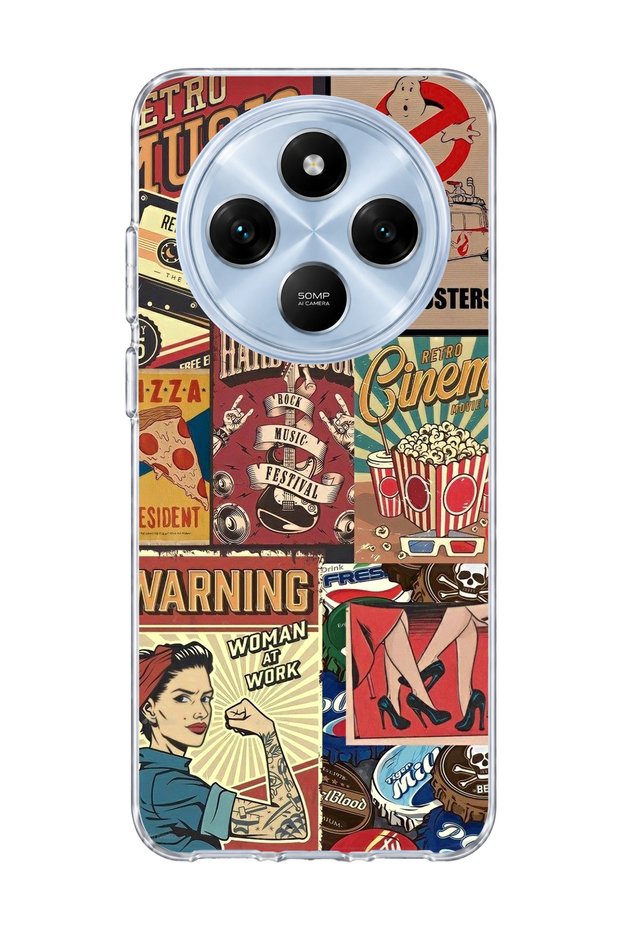 Redmi 14C Compatible Old Poster Collage Printed Transparent Phone Case