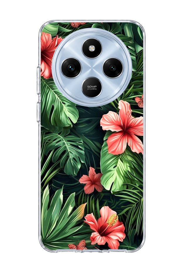 Redmi 14C Compatible Red Flower Tropical Leaf Printed Transparent Phone Case