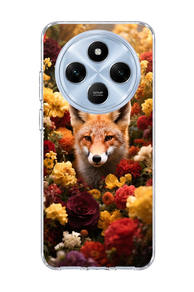 Redmi 14C Compatible Transparent Phone Case with Fox and Flowers Print