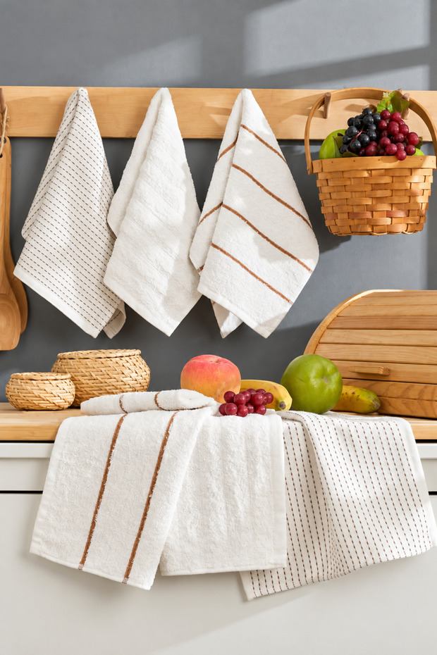 Line Detailed Set of Six Kitchen Towels Ecru