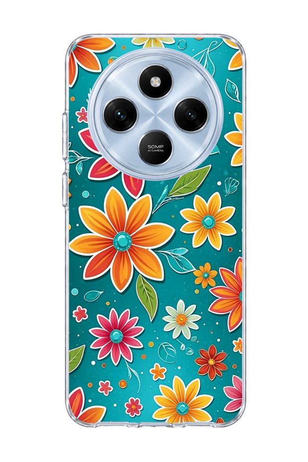 Redmi 14C Compatible Colorful Floral Turquoise Printed Transparent Phone Case