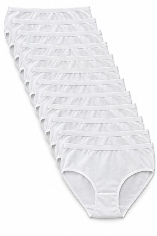 Women's 12-Pack White 100% Cotton Ribbed Bato Panties, White Bato Panties