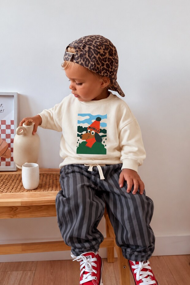 Boy's Cotton 3 Thread Stone Color Dog Printed Top and Bottom Set