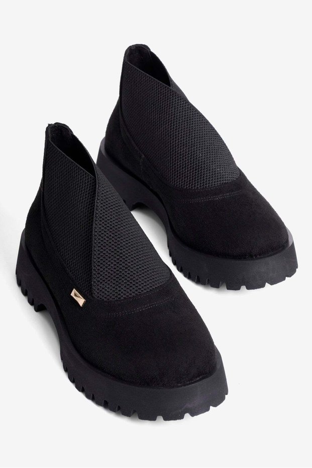 Women's Suede Boots with Rubber Detail and Thick Sole Asha Black