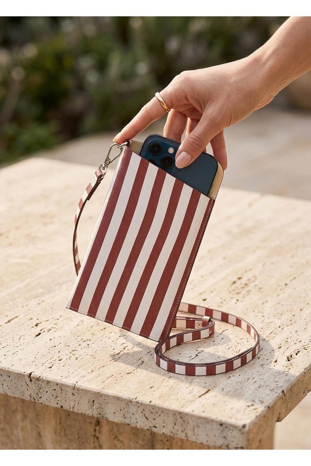 Phone Bag Stripe Burgundy White 21 cm